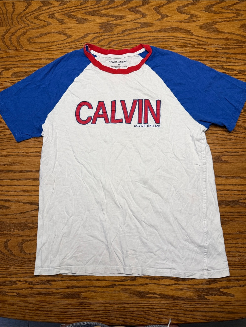 Calvin Klein White, Blue & Red Raglan 'CALVIN' Logo Short Sleeve Tee